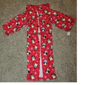 Girls Penguin Robe Blanket Ages 3-6 Wearable Fleece Sleeves Holiday Red Wrappie
